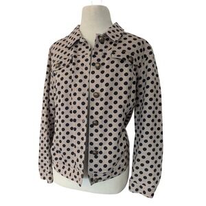 Christopher & Banks Petite Polka Dot Denim Jacket Tan Black Button Front PM